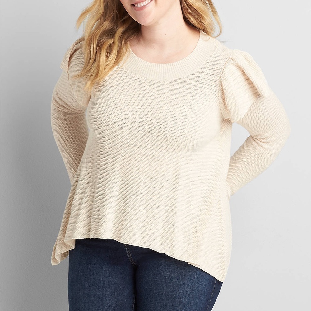 Lane Bryant Long Ruffle Sleeve Sweater Sharkbite Hem Cream Oatmeal Top Sz 26/28